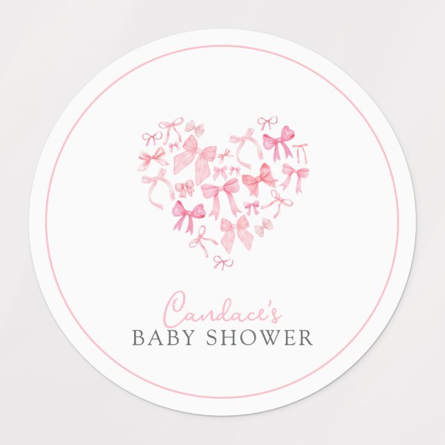 Round Pink Heart Bow Baby Dusche Günstige Aufklebe Etiketten (Design 1)