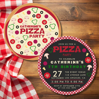 Round Pizza Party Kindergeburtstag Einladung