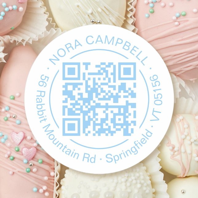 Round QR Code Circle Frame Name Address Blue Baby Runder Aufkleber (Modern, elegant business name, QR code round sticker with circle frame in baby blue.)