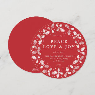 Round Red Holly Wreath Peace Liebe + Freude Feiertagskarte