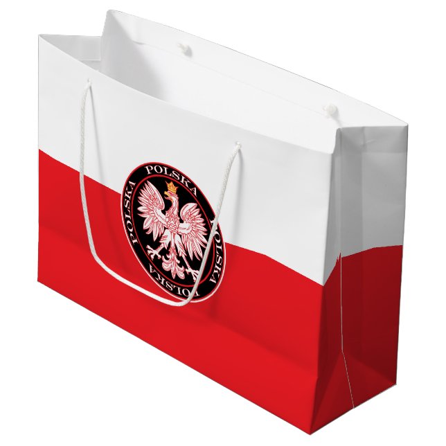 Round Red Polska Eagle Große Geschenktüte (Vorderseite Schrägansicht)