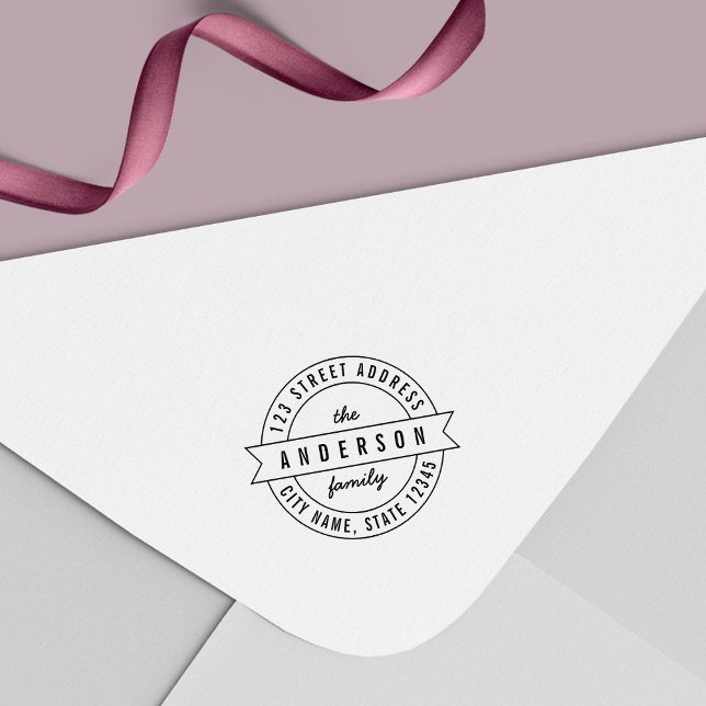Round Ribbon Moderne Familienname Rücksendeadresse Permastempel (Von Creator hochgeladen)