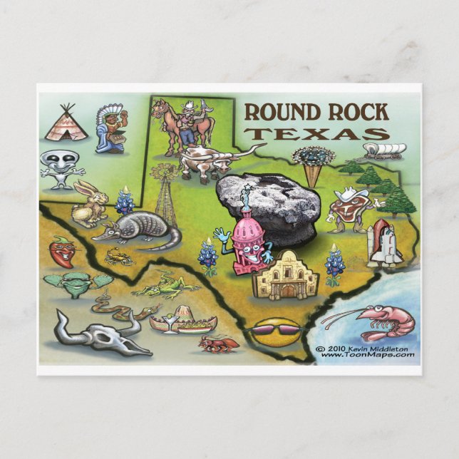 Round Rock Texas Cartoon Map Postkarte (Vorderseite)