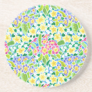 Round Sandstone Coaster, Pretty Primroses Pattern Sandstein Untersetzer