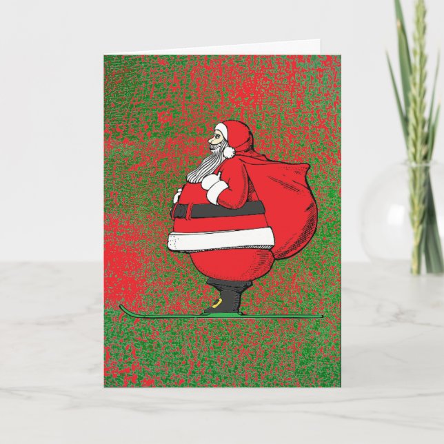 Round Santa on Skier - Weihnachtskarte Feiertagskarte (Vorderseite)