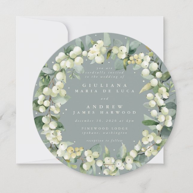 Round Seafoam Snowberry+Eucalyptus Wreath Wedding Einladung (Vorderseite)