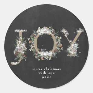 Round Sticker Christmas JOY Chalk Holiday Florals