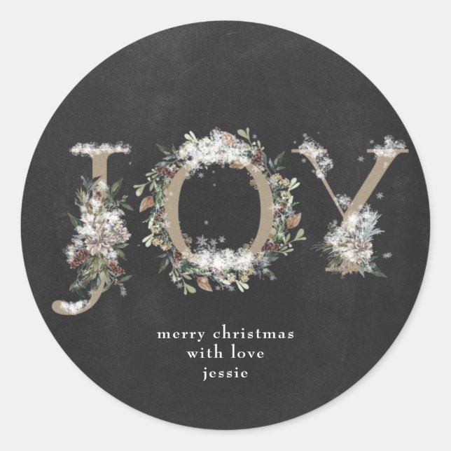 Round Sticker Christmas JOY Chalk Holiday Florals (Vorderseite)