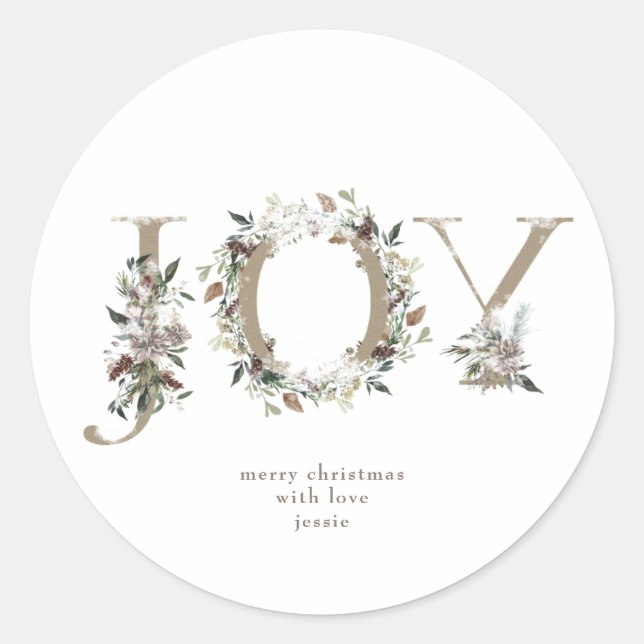 Round Sticker Christmas JOY Kraft Holiday Florals (Vorderseite)