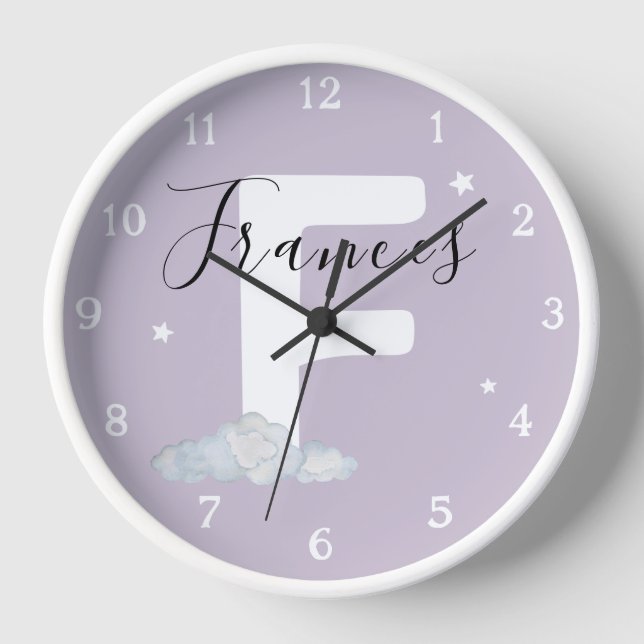 Round White Wood Frame Lavender Nursery Wall Clock Uhr (Vorderseite)