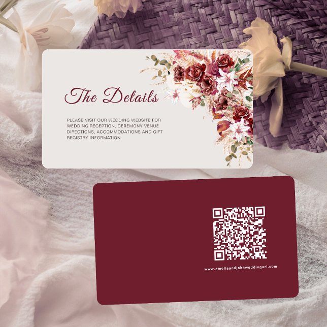 Rounded Mini Burgundy Floral QR Wedding Details Begleitkarte (Von Creator hochgeladen)