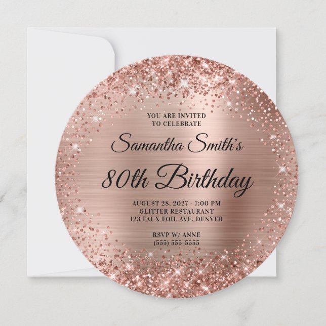 Rounded Rose Gold Glitzer Monogram 80. Geburtstag Einladung (Vorderseite)