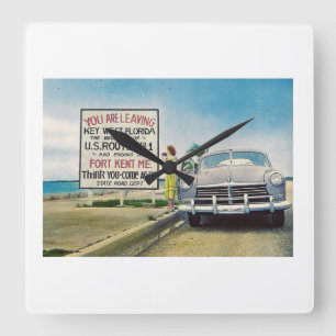 Route 1, Key West, Florida im Retro-Vintage-Stil Quadratische Wanduhr