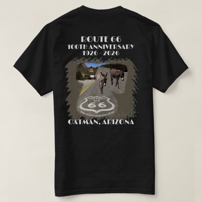 Route 66-100 Jahre Oatman Arizona Zurück T-Shirt (Design Rückseite)