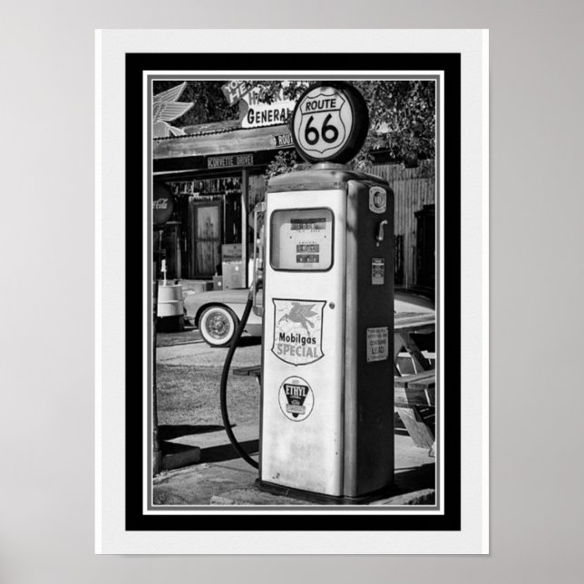 Route 66 B&W Gaspumpe Foto 12 x 16 Poster (Vorne)