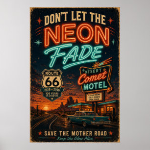 Route 66 Centennial Desert Motel Nachtfahrt Poster