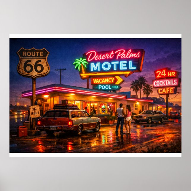 Route 66 Desert Palms Motel Glow Poster (Vorne)