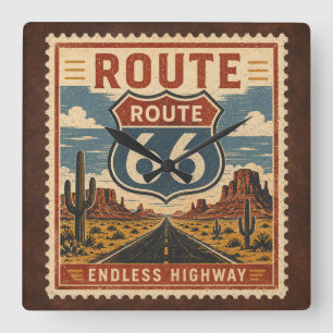Route 66 Endloser Highway Vintage Briefmarken Zeit Quadratische Wanduhr