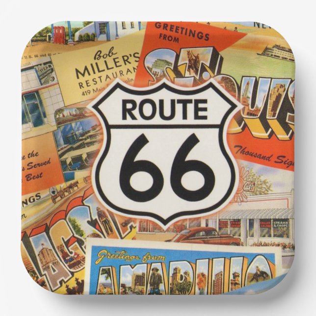 Route 66 Farbige Postkarte Pappteller (Vorderseite)