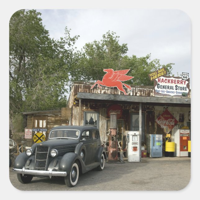 Route 66 General Store & Gas Station Quadratischer Aufkleber (Vorderseite)