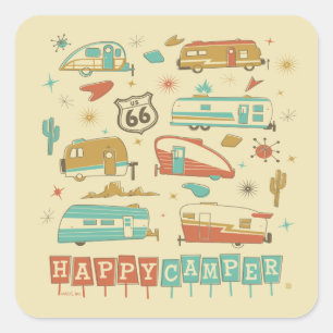 Route 66 Happy Camper Quadratischer Aufkleber