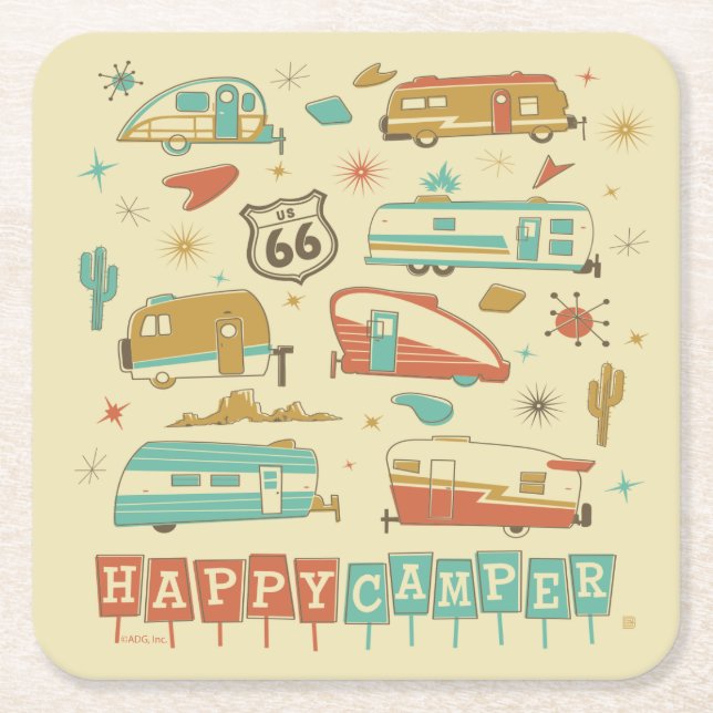 Route 66 Happy Camper Rechteckiger Pappuntersetzer (Vorderseite)
