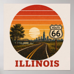 Route 66 Illinois Chicago Sonnenuntergang Skyline Poster