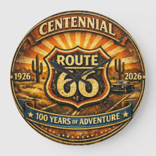 Route 66 Jahrhundertfeier 1926–2026 Wüstensonnenun Große Wanduhr