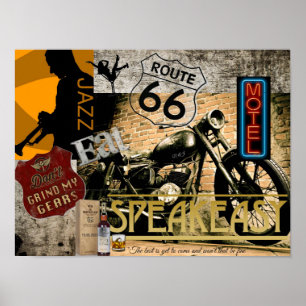 Route 66 Jazz Speakeasy Motorrad Poster