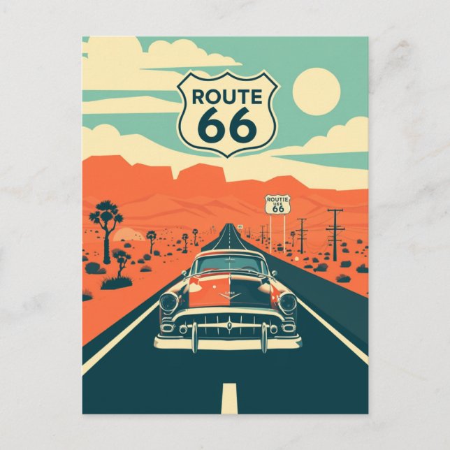 Route 66 Kontrast Design mit klassischem Auto Postkarte (Vorderseite)