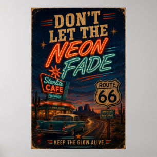Route 66 Neon Cafe Nachtfahrt Americana Dekor Poster
