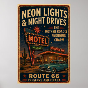 Route 66 Neon-Motel Nachtfahrt Americana Dekor Poster