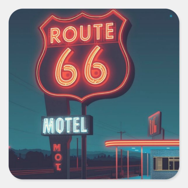 Route 66 Neon Motel Night Travel Art Quadratischer Aufkleber (Vorderseite)