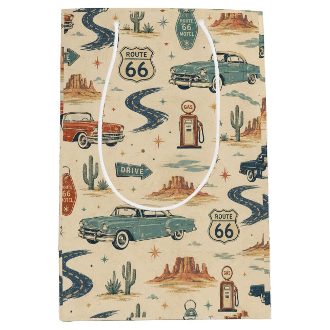 Route 66 Oldtimer Retro-Geschenk Kunst Mittlere Geschenktüte (Vorderseite)