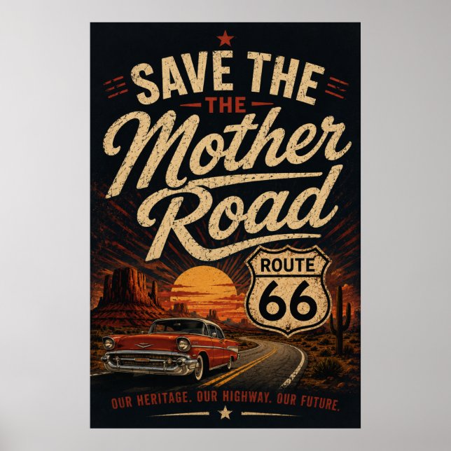 Route 66 Oldtimer - Rette die Mother Road  Poster (Vorne)