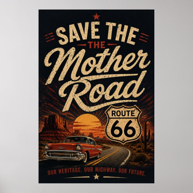 Route 66 Oldtimer - Rette die Mother Road  Poster (Vorne)
