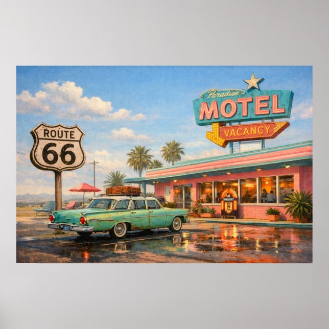 Route 66 Paradise Motel Roadside Glow Poster (Vorne)