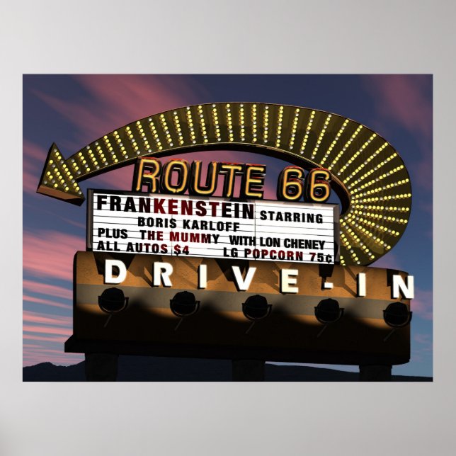 Route 66 Retro Neon Poster zum Einfahren (Vorne)