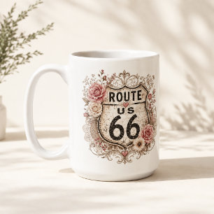 Route 66 Rosa Blumenstrauß Morgenstraßen-Trip Kaffeetasse