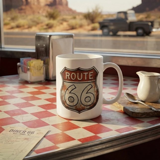Route 66 rostiges Straßenschild Kaffeetasse (Von Creator hochgeladen)