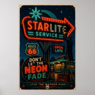 Route 66 Starlite Neon Roadside Americana Glow Poster