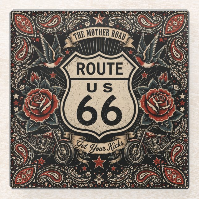 Route 66 Tattoo Bar Zimmerstil Glasuntersetzer (Vorderseite)