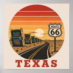 Route 66 Texas Cadillac Wüstensonnenuntergang Poster