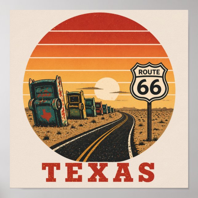Route 66 Texas Cadillac Wüstensonnenuntergang Poster (Vorne)