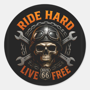 ☠️ Route 66 Totenkopf-Grafik für hartgesottene Bik Runder Aufkleber