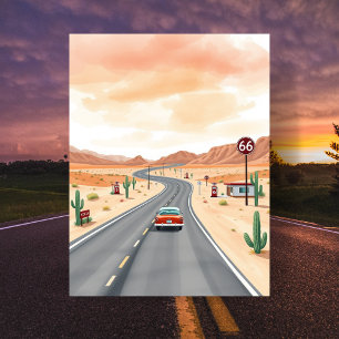 Route 66 USA Vintage Aquarell Reise Postkarte