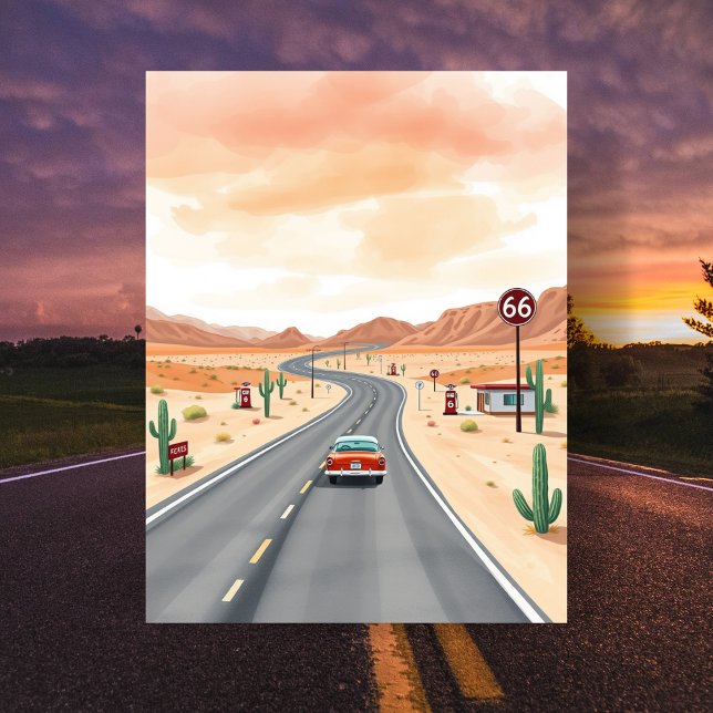 Route 66 USA Vintage Wasserfarbenreise Postkarte (Route 66 USA Vintage Watercolour Travel Postcard
)