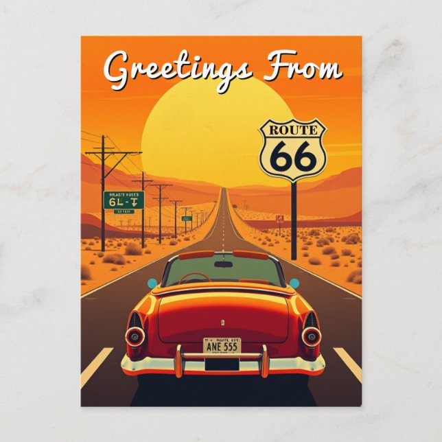 Route 66 Vintag Sunset Highway mit Auto Postkarte (Vorderseite)