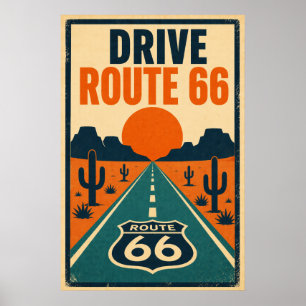 Route 66 Vintage Americana Wüstenstraße fahren Poster
