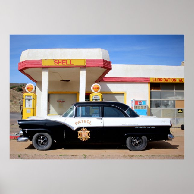 Route 66 Vintage Car Gas Station Foto Poster (Vorne)